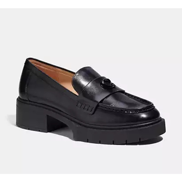 Coach Leah Chunky Lug Sole Leather Loafer with C Black Women's Size US 7.5 - Picture 1 of 8